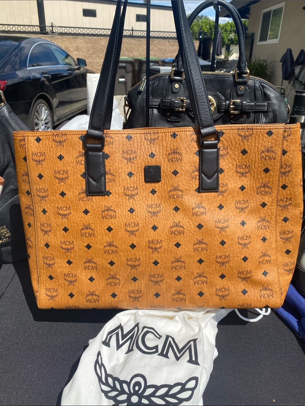 MCM Cognac Visetos Tote with Black Leather Handles